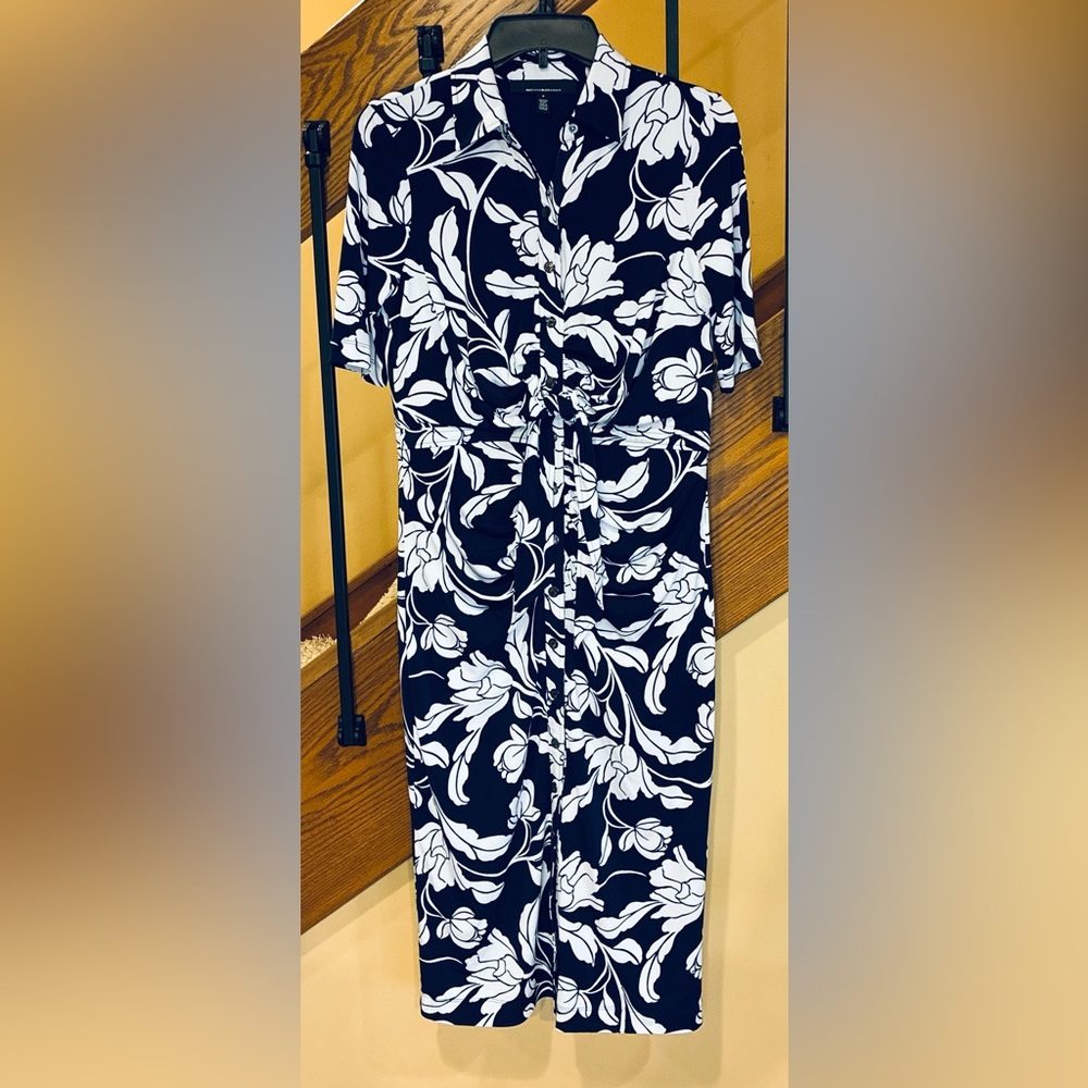 White House Black Market Dress Matte Jersey Ruched Tie-Front Midi Floral SZ.8